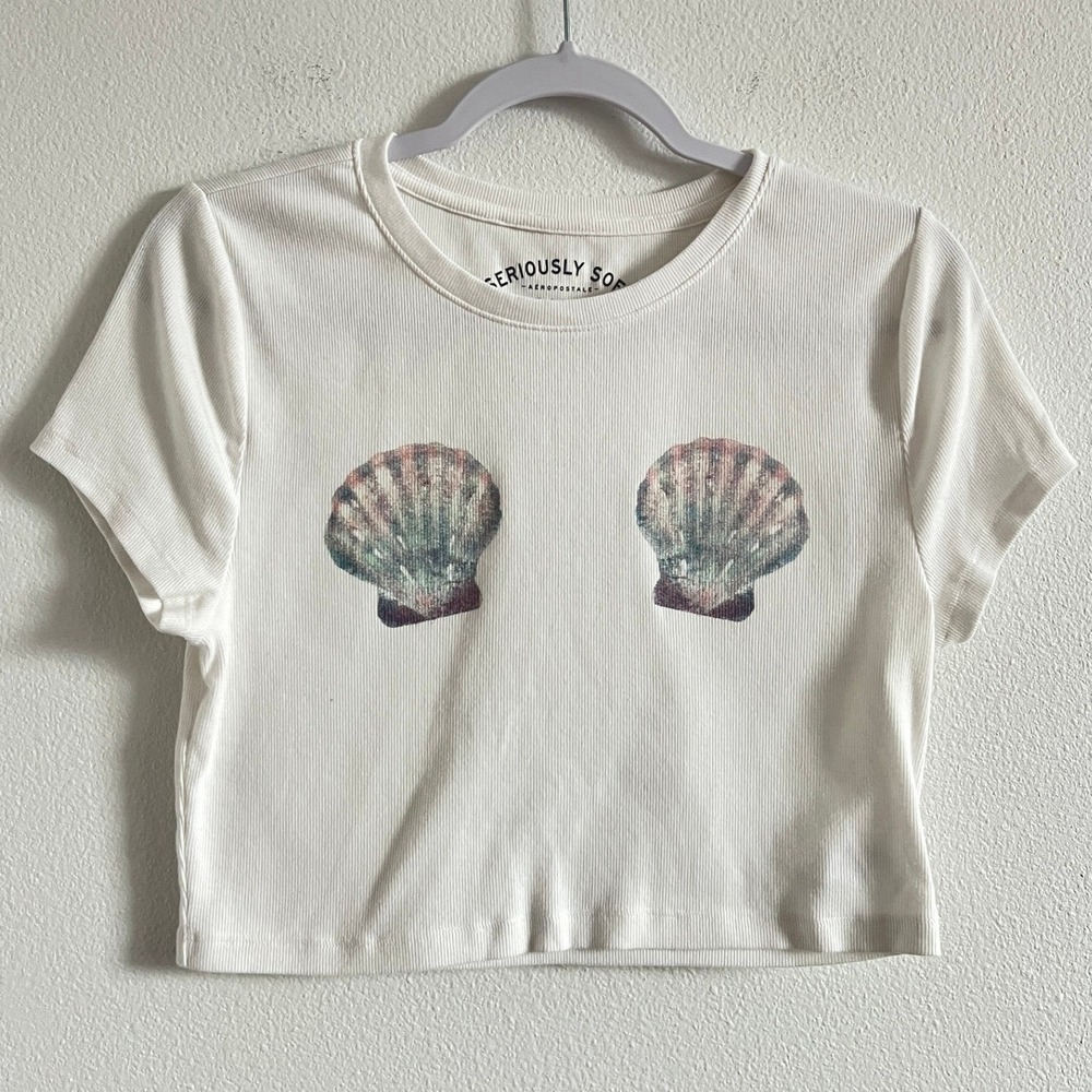 Aeropostale White Mermaid Seashell Ribbed Baby Tee XL Ocean Sea Summer Surf Core - Picture 2 of 5